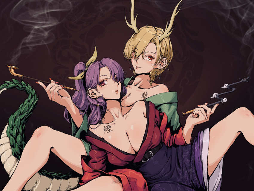 2girls alternate_costume belt blonde_hair dragon_girl dragon_horns dragon_tail dress ear_piercing highres holding holding_pipe horns japanese_clothes jewelry kicchou_yachie kimono kiseru komakusa_sannyo looking_at_viewer multiple_girls off_shoulder open_mouth piercing pipe purple_hair purple_skirt red_eyes red_kimono red_robe ribbon short_hair skirt smile smoke smoking stank tail tobacco touhou turtle_shell wide_sleeves yellow_ribbon