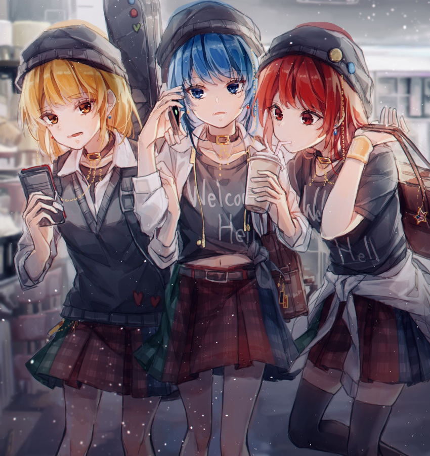 3girls adapted_costume bag black_collar black_legwear black_shirt black_vest blonde_hair blue_eyes blue_hair blue_skirt cellphone chain clothes_writing collar collarbone earrings earth_(ornament) green_skirt guitar_case handbag hecatia_lapislazuli hecatia_lapislazuli_(earth) hecatia_lapislazuli_(moon) highres holding holding_bag holding_phone instrument_case jewelry moon_(ornament) multicolored multicolored_clothes multicolored_skirt multiple_girls multiple_persona navel phone plaid plaid_skirt pleated_skirt polos_crown red_eyes red_skirt redhead shirt shometsu-kei_no_teruru skirt smartphone sweater_vest t-shirt thigh-highs tied_shirt touhou vest white_shirt yellow_eyes