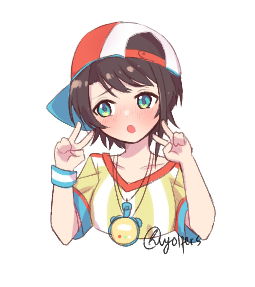 1girl artist_name bangs baseball_cap blue_eyes blush bracelet breasts brown_hair collarbone double_v eyebrows_visible_through_hair hat head_tilt highres hololive jewelry looking_to_the_side medium_breasts oozora_subaru open_mouth short_hair solo stopwatch upper_body v virtual_youtuber vyolfers watch white_background