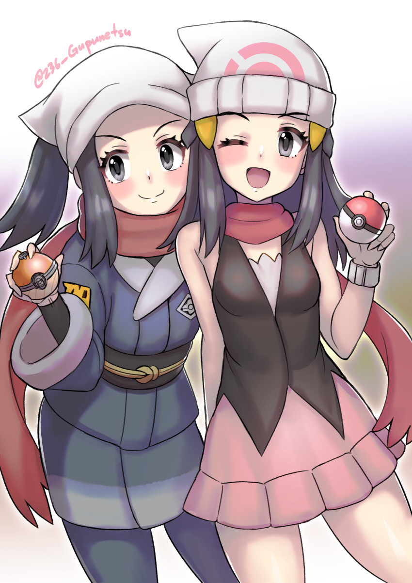 2girls absurdres black_hair commentary_request cowboy_shot hikari_(pokemon) female_protagonist_(pokemon_legends:_arceus) grey_eyes gupunetsu hat head_scarf highres holding holding_poke_ball japanese_clothes long_hair multiple_girls open_mouth poke_ball poke_ball_(legends) pokemon pokemon_(game) pokemon_dppt pokemon_legends:_arceus red_scarf scarf smile twitter_username watch watch