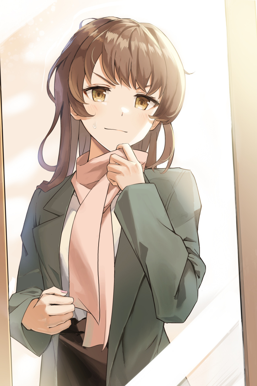 1girl absurdres bangs blush brown_eyes brown_hair brown_scarf brown_skirt closed_mouth commentary_request eyebrows_behind_hair green_jacket highres jacket kooan long_sleeves looking_at_viewer mirror open_clothes open_jacket original reflection scarf shirt skirt smile solo sweat v-shaped_eyebrows white_shirt