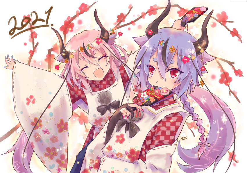 2021 2others blue_hair braid branch checkered checkered_kimono checkered_shirt cherry_blossoms closed_eyes commentary covering_mouth detached_sleeves floral_print flower hagoita hair_flower hair_ornament highres holding_paddle horns japanese_clothes kimono kisalaundry long_hair looking_at_viewer meika_hime meika_mikoto multiple_others open_mouth outstretched_arms paddle pink_hair red_eyes shirt smile thick_eyebrows twintails upper_body very_long_hair vocaloid white_sleeves wide_sleeves