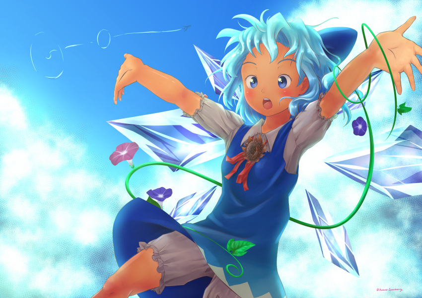 2girls absurdres arms_up artist_name bangs bloomers blue_background blue_bow blue_dress blue_eyes blue_hair blue_sky blue_theme blush bow brown_flower buttons cirno clouds collared_shirt commentary_request condensation_trail crystal dark_skin dark-skinned_female day dress flat_chest flower forehead hair_bow highres ice ice_wings katsura_dendou multiple_girls neck_ribbon open_mouth outdoors outstretched_arms pink_flower plant puffy_short_sleeves puffy_sleeves purple_flower red_neckwear red_ribbon ribbon shameimaru_aya shiny shiny_hair shirt short_hair short_sleeves sidelocks signature silhouette sky sleeveless sleeveless_dress solo_focus spread_arms standing sunflower tanned_cirno teeth tongue touhou twitter_username underwear vines white_shirt wings