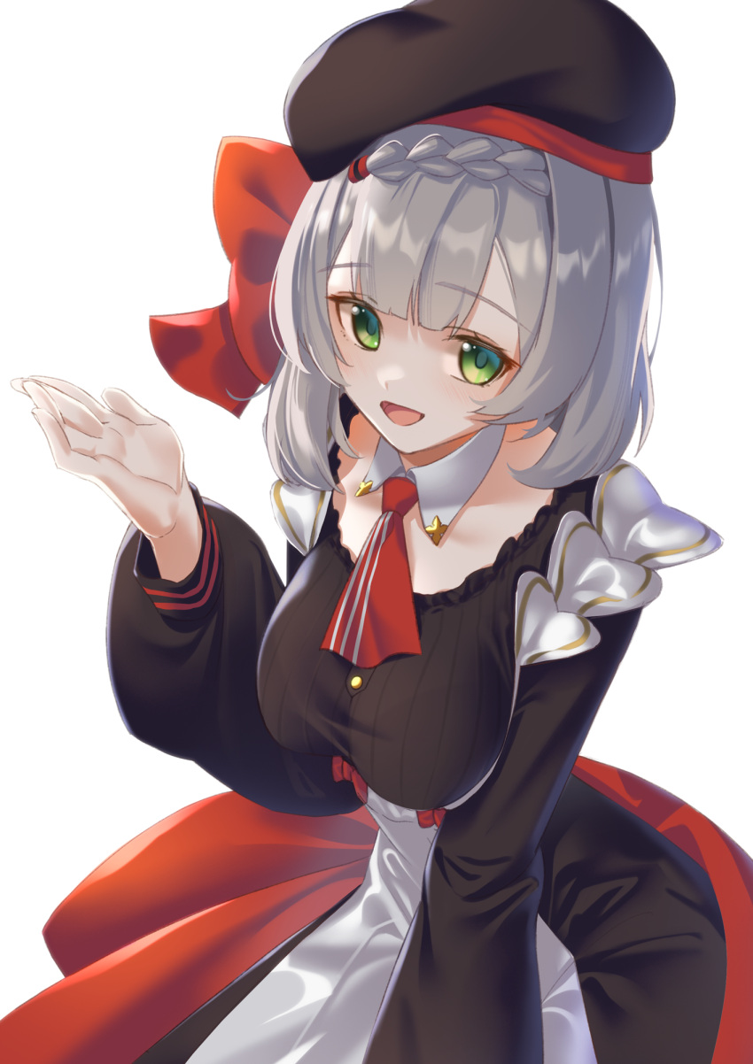 1girl beret black_headwear bow braid braided_bangs breasts genshin_impact green_eyes hair_bow hand_up hat highres kfc large_breasts long_sleeves meda noelle_(genshin_impact) open_mouth red_bow short_hair silver_hair simple_background smile solo white_background