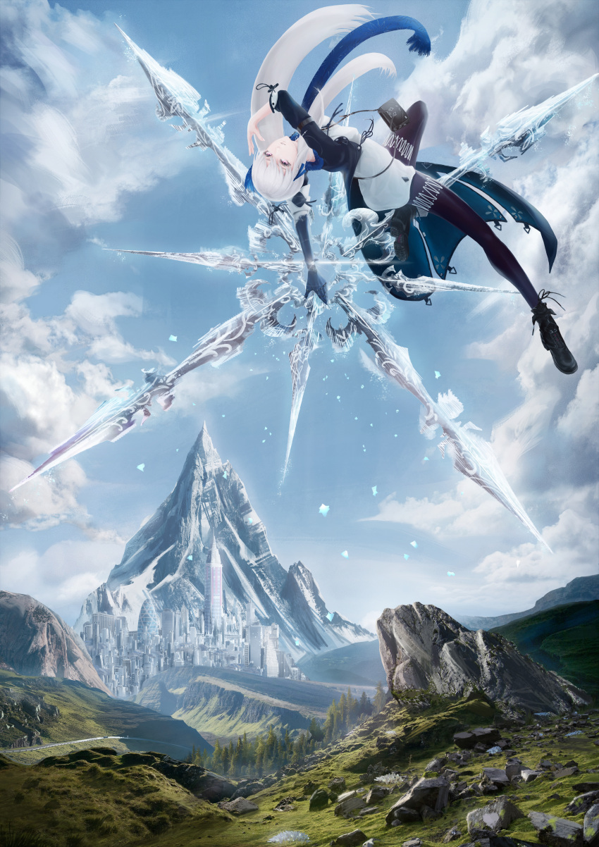 1girl absurdres black_footwear black_legwear blue_coat blue_scarf cityscape clouds coat gloves highres ice long_hair looking_at_viewer mountain original road rock rockyoerr scarf single_glove sky white_hair yellow_eyes