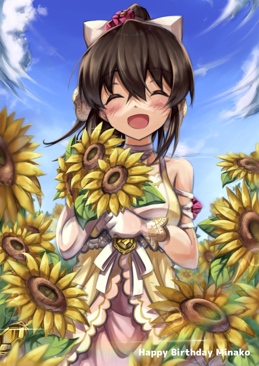1girl absurdres bangs blush bow brown_hair character_name closed_eyes clouds cloudy_sky dress fisheye flower hair_bow happy_birthday highres holding holding_flower idolmaster idolmaster_million_live! idolmaster_million_live!_theater_days long_hair open_mouth ponytail satake_minako semi_colon sky smile solo sunflower white_dress