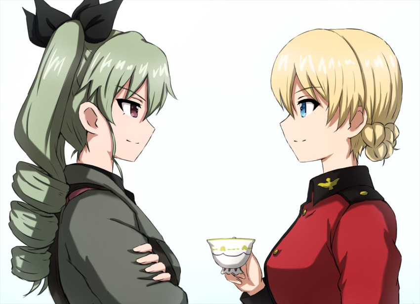 2girls anchovy_(girls_und_panzer) anzio_military_uniform bangs black_ribbon blonde_hair blue_eyes braid closed_mouth commentary cup darjeeling_(girls_und_panzer) drill_hair from_side girls_und_panzer girls_und_panzer_saishuushou green_hair grey_jacket hair_ribbon highres holding holding_cup insignia jacket long_hair long_sleeves looking_at_another military military_uniform multiple_girls omachi_(slabco) red_eyes red_jacket ribbon short_hair simple_background smile st._gloriana's_military_uniform teacup tied_hair twin_drills twintails uniform white_background