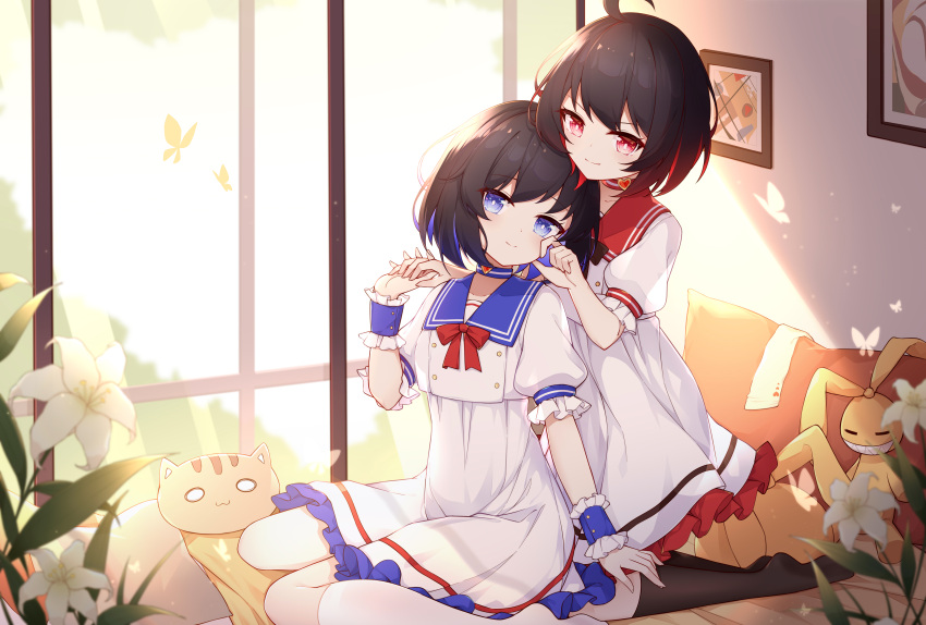 2girls absurdres bangs black_hair black_legwear blue_eyes breasts bug butterfly choker closed_mouth dress eyebrows_visible_through_hair flower highres honkai_(series) honkai_impact_3rd insect kneehighs kneeling looking_at_viewer multiple_girls no_shoes on_bed pillow poinia red_eyes seele_vollerei short_hair sitting small_breasts smile stuffed_animal stuffed_toy wariza white_legwear window
