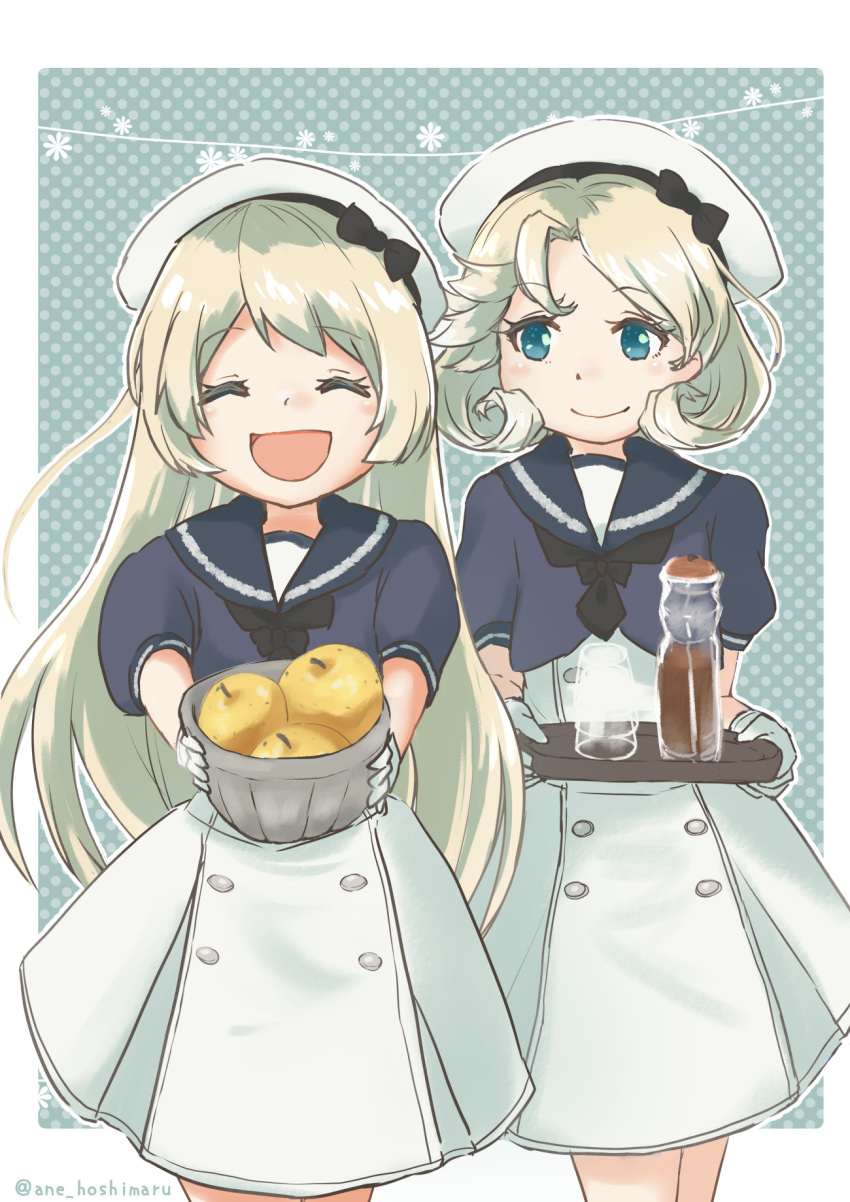 2girls ane_hoshimaru bangs basket black_neckwear blonde_hair blue_eyes blue_sailor_collar closed_eyes cowboy_shot cup disposable_cup dress drink food fruit gloves hat highres holding holding_basket holding_tray janus_(kancolle) jervis_(kancolle) kantai_collection left-handed long_hair multiple_girls open_mouth parted_bangs sailor_collar sailor_dress sailor_hat short_hair smile tray white_dress white_gloves white_headwear