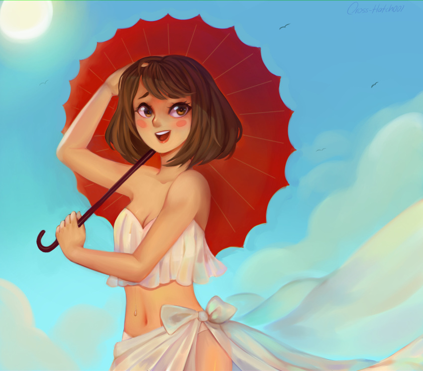 bikini bikini_top boku_no_hero_academia bra brown_hair midriff navel pareo sarong short_hair summer swimsuit umbrella uraraka_ochako white_sarong