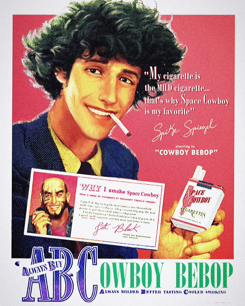 2boys ad cigarette commentary copyright_name cowboy_bebop english_commentary english_text facial_hair fake_ad green_hair highres jet_black male_focus mouth_hold multiple_boys parody raised_eyebrow scar scar_across_eye smile smoking spike_spiegel vinutun