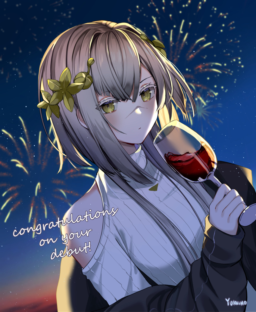 1girl alcohol android artist_name bangs clothing_cutout cup drinking_glass english_commentary english_text flower grey_sweater hair_behind_ear hair_flower hair_ornament highres holding holding_cup indie_virtual_youtuber looking_at_viewer metal_skin night parted_lips ribbed_sweater shoulder_cutout silver_hair sky solo star_(sky) starry_sky sweater the_cecile_(vtuber) virtual_youtuber wine wine_glass yellow_eyes yuniiho