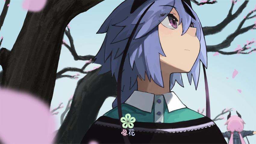 2others absurdres blue_hair blurry blurry_background blurry_foreground branch cherry_blossoms commentary day depth_of_field expressionless falling_petals from_behind from_below highres horns kagari-lunatic long_hair looking_away looking_up meika_hime meika_mikoto multiple_others outdoors outstretched_arms petals pink_eyes pink_hair tree twintails vocaloid