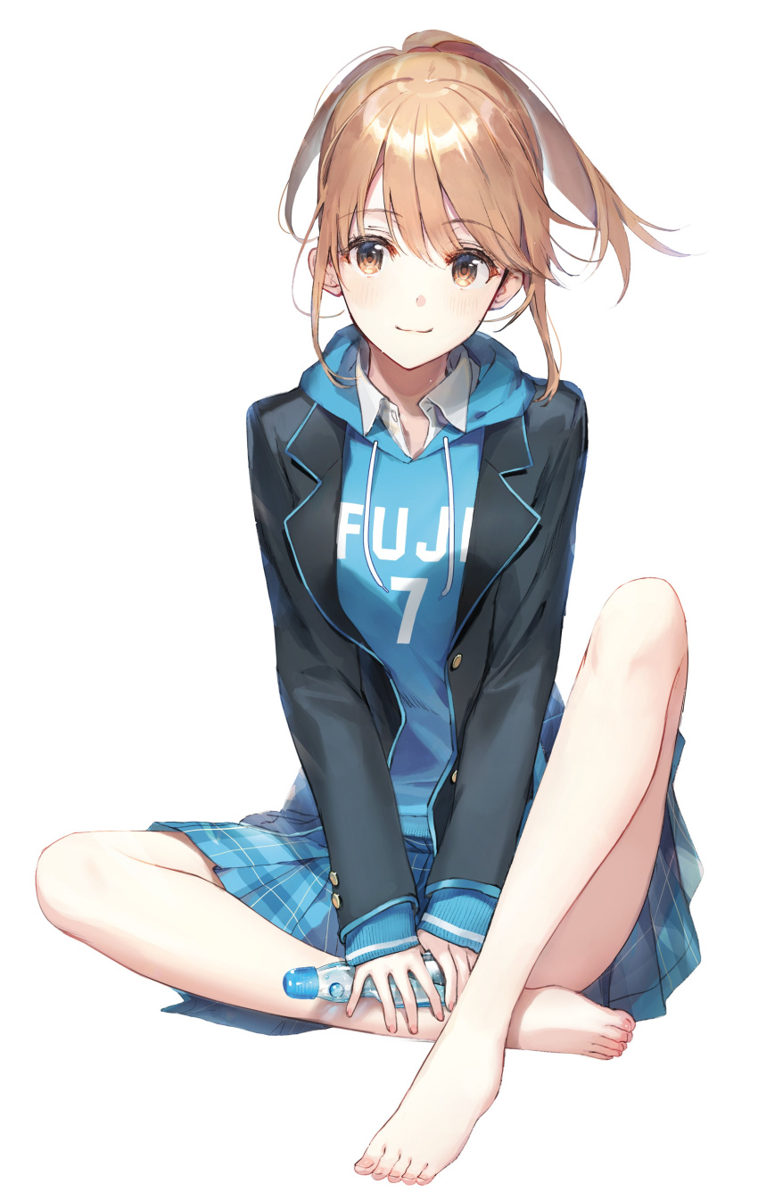1girl absurdres aomi_haru bangs barefoot black_jacket blazer blue_hoodie blue_skirt blush bottle brown_eyes brown_hair chitose-kun_wa_ramune_bin_no_naka closed_mouth cover_image drawstring eyebrows_visible_through_hair feet full_body highres holding holding_bottle hood hood_down hoodie jacket knee_up legs long_hair long_sleeves miniskirt novel_illustration official_art open_blazer open_clothes open_jacket plaid plaid_skirt pleated_skirt ponytail ramune school_uniform second-party_source shiny shiny_hair simple_background sitting skirt sleeves_past_wrists smile solo textless toes upskirt weee_(raemz) white_background wing_collar