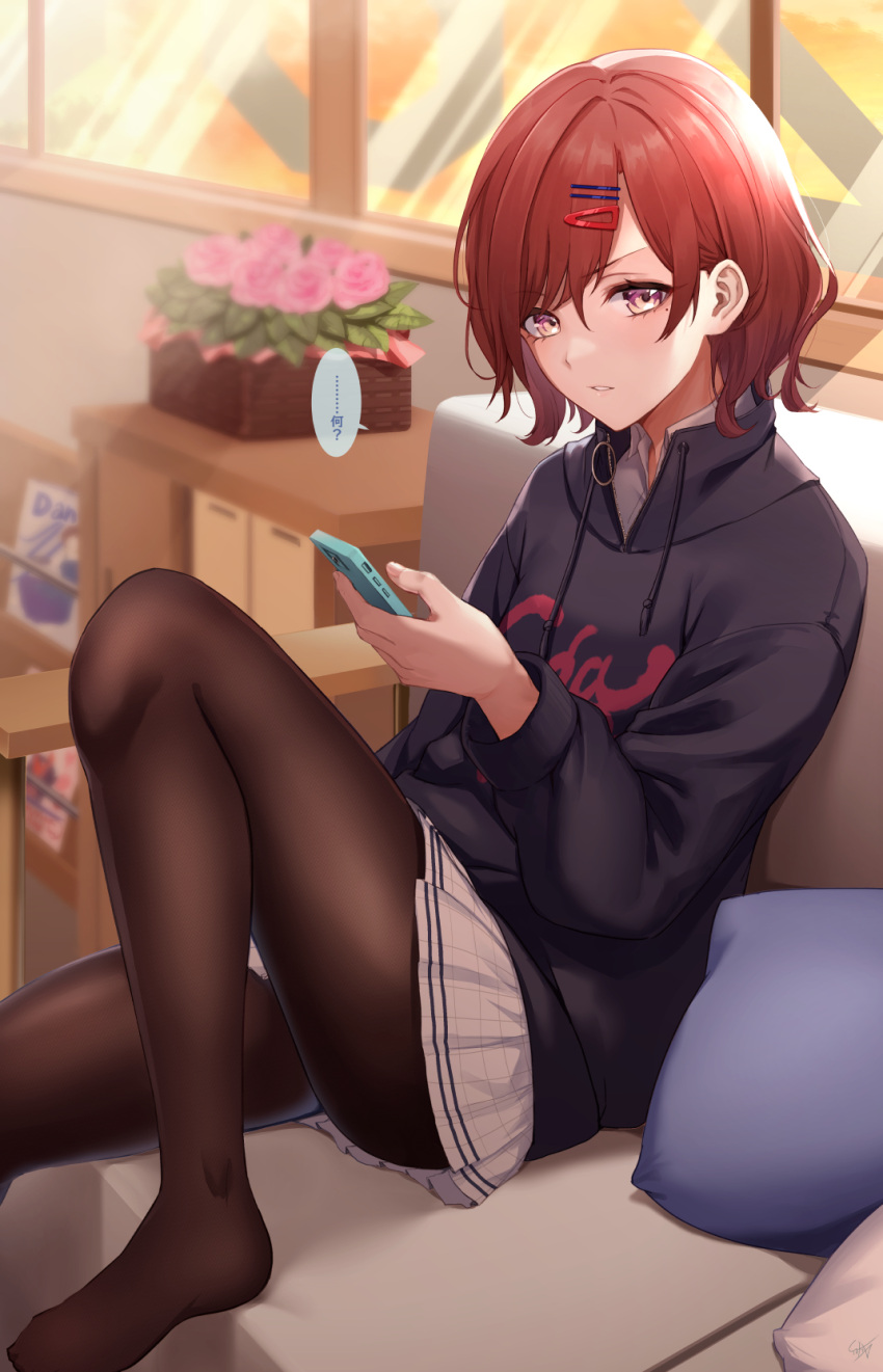 1girl bangs blurry cellphone couch depth_of_field eyebrows_visible_through_hair hair_ornament hairpin highres higuchi_madoka holding holding_phone idolmaster idolmaster_shiny_colors ironatsuki leg_up long_sleeves looking_at_viewer looking_to_the_side mole mole_under_eye no_shoes office pantyhose phone plaid plaid_skirt redhead shiny shiny_hair short_hair signature sitting skirt solo sunset thigh-highs translated window