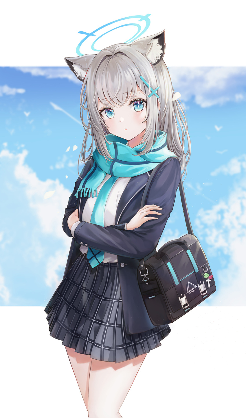 1girl :o animal_ear_fluff animal_ears bag bangs black_jacket blue_archive blue_eyes blue_neckwear blue_scarf blush commentary cross_hair_ornament crossed_arms eyebrows_visible_through_hair grey_skirt hair_ornament halo highres jacket kottungyang long_hair long_sleeves looking_at_viewer necktie open_clothes open_jacket plaid plaid_skirt pleated_skirt scarf shiroko_(blue_archive) shirt shoulder_bag sidelocks silver_hair skirt solo standing white_shirt