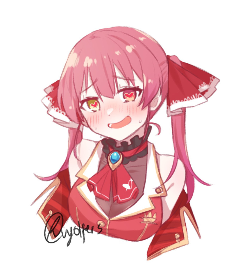 1girl ascot bangs blush breasts choker eyebrows_visible_through_hair frilled_choker frills hair_behind_ear heart heart_in_eye heterochromia highres hololive houshou_marine jacket looking_at_viewer medium_breasts off_shoulder red_eyes red_jacket red_neckwear redhead smile solo sweatdrop symbol_in_eye twintails upper_body virtual_youtuber vyolfers white_background yellow_eyes