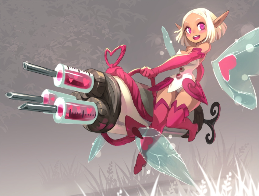 1girl bangs bare_shoulders blush_stickers boots breasts commentary dark_skin dark-skinned_female detached_wings dress elbow_gloves english_commentary fairy fairy_wings faulds flying full_body gatling_gun gloves gun heart heart-shaped_pupils holding holding_gun holding_weapon huge_weapon krosmaga long_pointy_ears medium_breasts panties pantyshot parted_bangs pink_eyes pink_footwear pink_gloves pointy_ears short_dress solo strapless strapless_dress symbol-shaped_pupils syringe syringe_gun thigh-highs thigh_boots underwear upper_teeth weapon white_dress white_hair white_panties wings xavier_houssin zettai_ryouiki