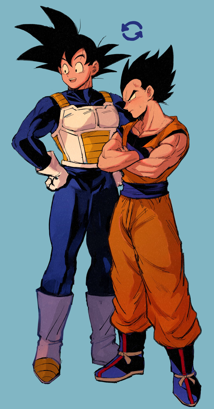 2boys absurdres ankle_boots aqua_background armor arrow_(symbol) black_eyes black_hair blue_bodysuit blue_footwear bodysuit boots closed_mouth cosplay costume_switch crossed_arms dougi dragon_ball dragon_ball_z facing_viewer frown full_body gloves hands_on_hips happy height_difference highres knee_boots looking_afar male_focus mamefuku_(mamedehuku) multiple_boys muscular open_mouth orange_pants orange_shirt pants pectorals profile saiyan_armor serious shirt side-by-side simple_background smile son_goku spiky_hair standing teeth upper_teeth vegeta white_footwear white_gloves wristband