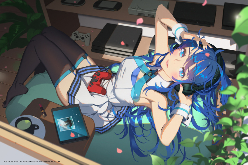1girl adjusting_headphones ai-chan_(playstation) armpits bean_bag_chair black_legwear blue_eyes blue_hair blush breasts cherry_blossoms closed_mouth commentary_request cosmetics cup day detached_collar dress full_body game_console garter_straps handheld_game_console headphones highres indoors knees_together_feet_apart lips lipstick_tube long_hair looking_at_viewer medium_breasts nail_polish off-shoulder_dress off_shoulder petals pink_nails plant playstation playstation_2 playstation_3 playstation_4 playstation_controller playstation_portable playstation_vita red_pupils shade short_dress sitting sleeveless smile solo sony sunlight tablet_pc thigh-highs thighs vofan white_dress wrist_cuffs