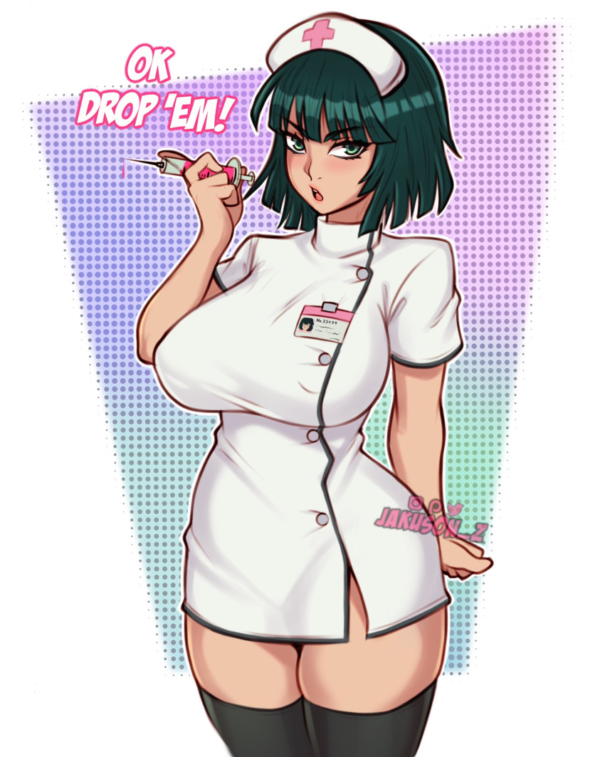 1girl arm_behind_back breasts dark_green_hair doctor eyebrows_visible_through_hair fubuki_(one-punch_man) green_eyes hat highres jakuson_z looking_at_viewer md5_mismatch murata_yuusuke needle nurse nurse_cap one-punch_man patreon_username short_hair solo solo_focus standing thigh-highs thighs twitter