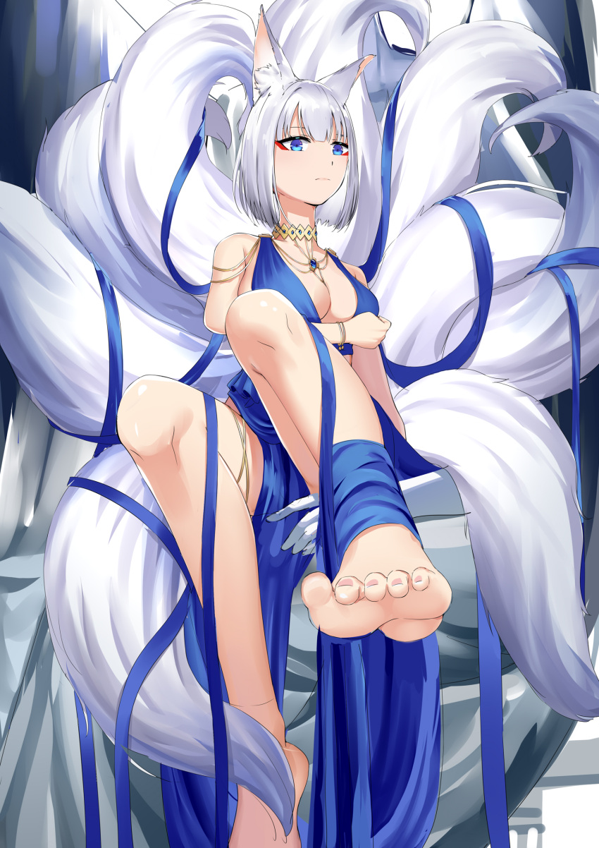 1girl animal_ear_fluff animal_ears arm_under_breasts azur_lane bare_shoulders barefoot blue_dress blue_eyes blue_ribbon breasts buhualuo center_opening dress fox_ears fox_girl fox_tail from_below full_body gold_choker halter_dress halterneck highres kaga_(azur_lane) kaga_(white-tailed_magnificence)_(azur_lane) kitsune kyuubi large_breasts large_tail looking_at_viewer looking_down multiple_tails official_alternate_costume ribbon short_hair sleeveless sleeveless_dress solo tail toes white_hair white_tail