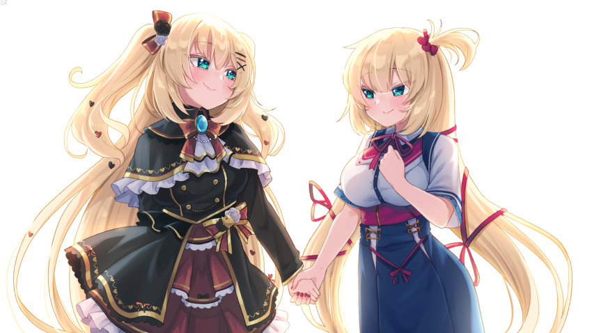 2girls akai_haato bangs black_capelet black_dress blonde_hair blue_skirt bow bowtie breasts capelet commentary_request dress dual_persona fingernails hair_ornament hair_ribbon hairpin heart highres holding_hands hololive large_breasts lolita_fashion long_hair long_sleeves looking_at_another magowasabi multiple_girls nail_polish neck_ribbon one_side_up red_nails red_neckwear red_ribbon red_skirt ribbon shirt skirt two_side_up very_long_hair virtual_youtuber white_shirt x_hair_ornament