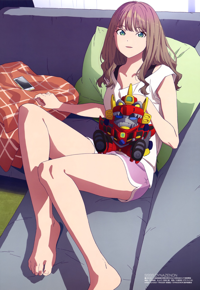 1girl absurdres bangs bare_legs barefoot bean_bag_chair blunt_bangs brown_hair cellphone collarbone couch curtains cushion dolphin_shorts dynazenon_(character) eyebrows_visible_through_hair feet green_eyes highres indoors legs looking_at_viewer megami_magazine minami_yume official_art phone pink_shorts scan shirt short_shorts short_sleeves shorts sitting smartphone smile solo ssss.dynazenon takeda_naoki thighs toes toyosatomimi_no_miko wavy_hair white_shirt