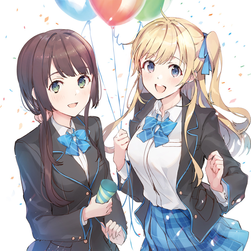 2girls :d balloon bangs black_jacket blazer blonde_hair blue_bow blue_neckwear blue_ribbon blue_skirt blush bow bowtie breast_pocket breasts brown_hair chitose-kun_wa_ramune_bin_no_naka collared_shirt earrings eyebrows_visible_through_hair green_eyes hair_over_shoulder hair_ribbon hands_up highres hiiragi_yuuko holding holding_balloon jacket jewelry large_breasts long_hair long_sleeves looking_at_viewer loose_bowtie low_ponytail medium_breasts multiple_girls official_art open_blazer open_clothes open_jacket open_mouth party_popper pink_scrunchie plaid plaid_skirt pleated_skirt pocket ribbon school_uniform scrunchie second-party_source shiny shiny_hair shirt shirt_tucked_in side_ponytail skirt smile striped striped_bow striped_neckwear stud_earrings uchida_yua upper_teeth weee_(raemz) white_background white_shirt wing_collar