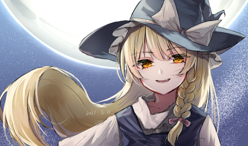 1girl :d absurdres backlighting bangs black_headwear black_vest blonde_hair bow braid collarbone commentary_request dated eyebrows_visible_through_hair face fang floating_hair full_moon hair_ribbon hat hat_bow highres katsukare kirisame_marisa long_hair looking_at_viewer moon night night_sky open_mouth red_ribbon ribbon shirt side_braid single_braid sky smile solo star_(sky) starry_sky teeth touhou tress_ribbon turtleneck upper_body very_long_hair vest white_bow white_shirt witch_hat yellow_eyes