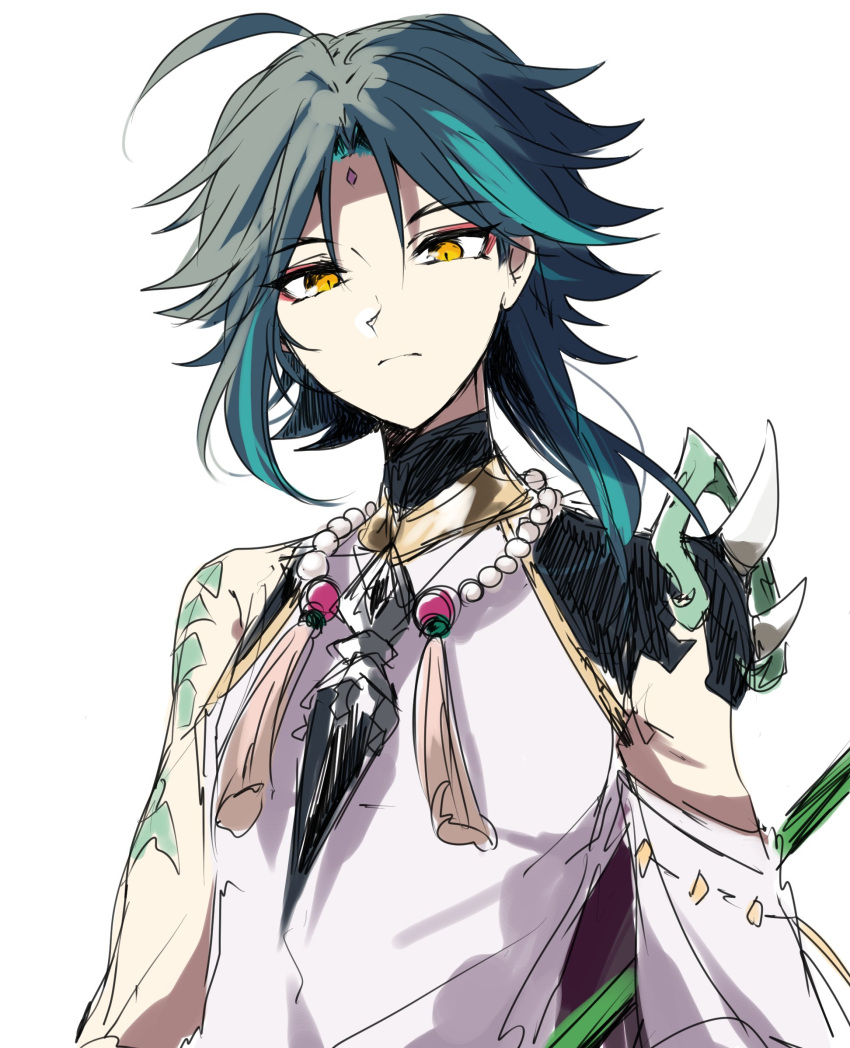 1boy ahoge arm_tattoo armor bead_necklace beads closed_mouth eyebrows_visible_through_hair facial_mark forehead_mark genshin_impact highres jewelry male_focus multicolored_hair necklace ryu_genshin77 shoulder_armor simple_background solo spikes tassel tattoo weapon white_background xiao_(genshin_impact) yellow_eyes