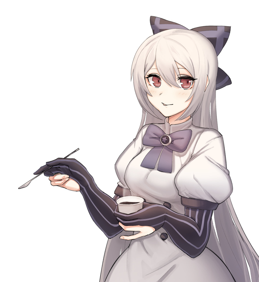 1girl absurdres bangs blush bow breasts coffee coffee_cup cup disposable_cup dress girls_frontline gloves hachirodesu hair_bow highres long_hair medium_breasts partially_fingerless_gloves pinstripe_pattern puffy_short_sleeves puffy_sleeves red_eyes ribbon short_sleeves solo spoon striped tokarev_(girls_frontline) very_long_hair white_hair