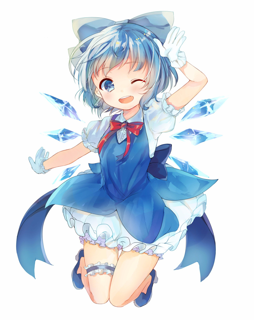 1girl ;d absurdres arm_up asanagi_kurumi_(panda-doufu) back_bow bangs bloomers blue_bow blue_dress blue_eyes blue_footwear blue_hair blue_ribbon blush bow bowtie breasts buttons cirno collaboration collared_shirt commentary_request dress earrings eyebrows eyebrows_visible_through_hair frilled_gloves frilled_skirt frilled_sleeves frills full_body gloves hair_bow hair_ribbon high_heels highres ice ice_wings jewelry jpeg_artifacts knees_together_feet_apart leg_garter looking_at_viewer one_eye_closed open_mouth outstretched_arm paragasu_(parags112) puffy_short_sleeves puffy_sleeves red_bow red_neckwear red_ribbon ribbon salute shiny shiny_hair shirt shoes short_hair short_sleeves sidelocks simple_background skirt sleeveless sleeveless_dress small_breasts smile solo sparkle stud_earrings teeth thigh_gap touhou underwear white_background white_gloves white_shirt wings