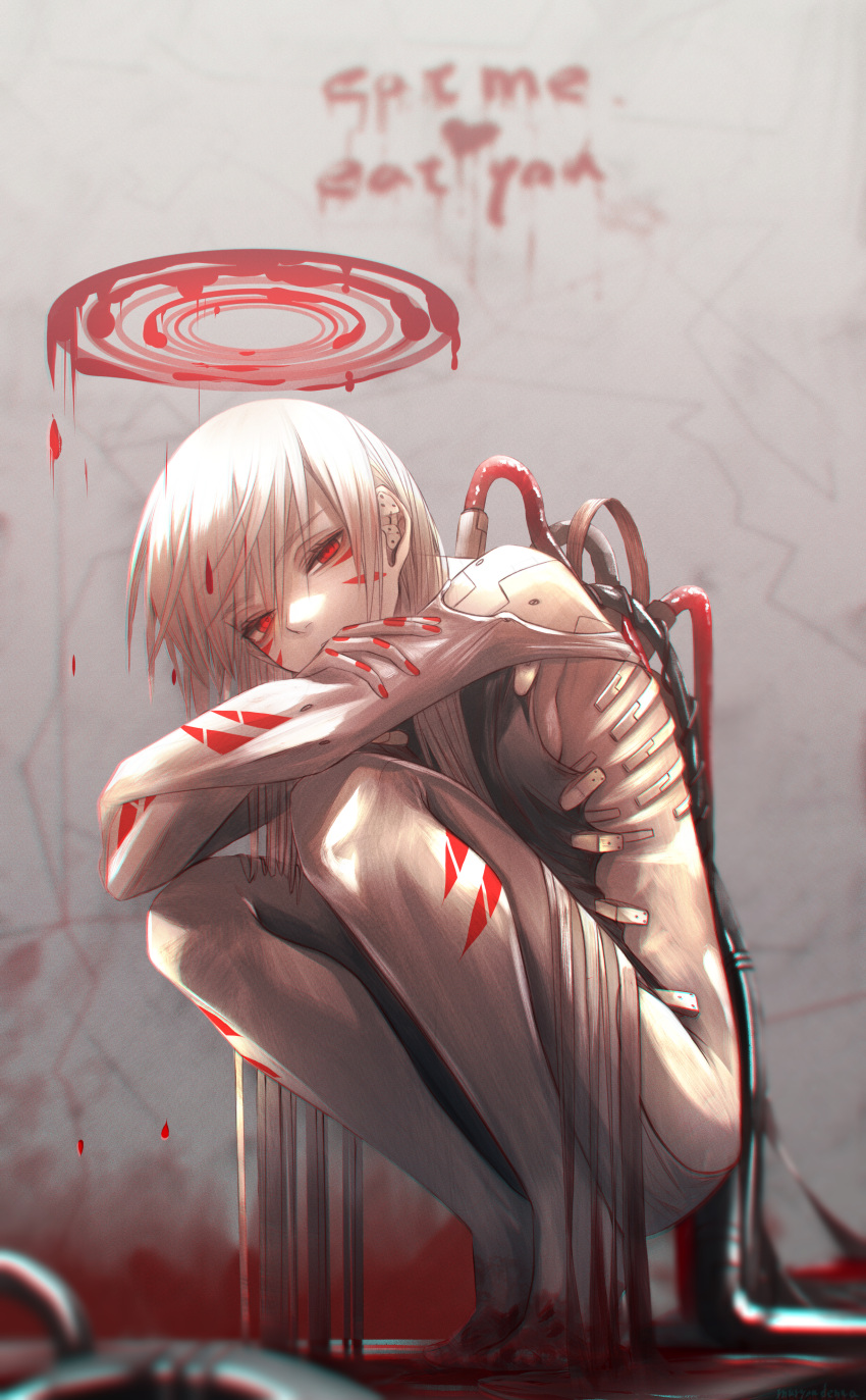 1girl absurdres android angel blood blood_writing cable colored_skin facial_mark half-closed_eyes halo highres huge_filesize long_hair looking_at_viewer original red_eyes savuxan science_fiction solo squatting tube very_long_hair white_hair white_skin