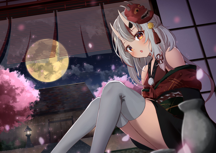 1girl absurdres bangs bare_shoulders bell black_kimono blurry blurry_foreground blush brown_eyes building clouds commentary_request depth_of_field eyebrows_visible_through_hair feet_out_of_frame full_moon grey_hair grey_legwear hair_bell hair_bun hair_ornament highres hololive horns japanese_clothes jingle_bell kimono kirikaze_ren knees_together_feet_apart knees_up long_hair looking_at_viewer mask mask_on_head moon multicolored_hair nakiri_ayame night night_sky obi off_shoulder one_side_up oni oni_horns oni_mask redhead sash side_bun sitting sky solo streaked_hair thigh-highs tokkuri tree virtual_youtuber
