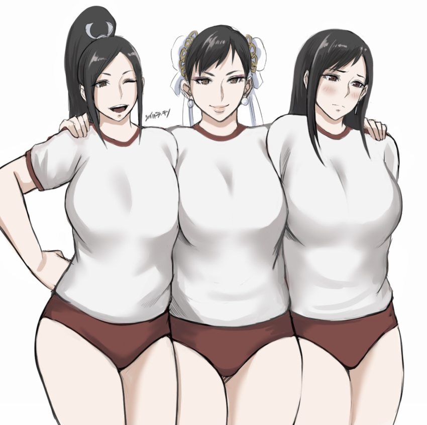 3girls alternate_costume arm_behind_back artist_name bangs blush breasts brown_eyes buruma chun-li closed_mouth cowboy_shot double_bun earrings fatal_fury final_fantasy final_fantasy_vii gym_uniform hair_ribbon hand_on_hip hands_on_another's_shoulders highres huge_breasts jewelry large_breasts looking_down multiple_girls one_eye_closed open_mouth outline parted_bangs pink_lips ponytail red_eyes ribbon shibusun shiny shiny_hair shiranui_mai shirt short_hair side-by-side sidelocks simple_background smile straight_hair street_fighter swept_bangs thighs tifa_lockhart white_background white_shirt