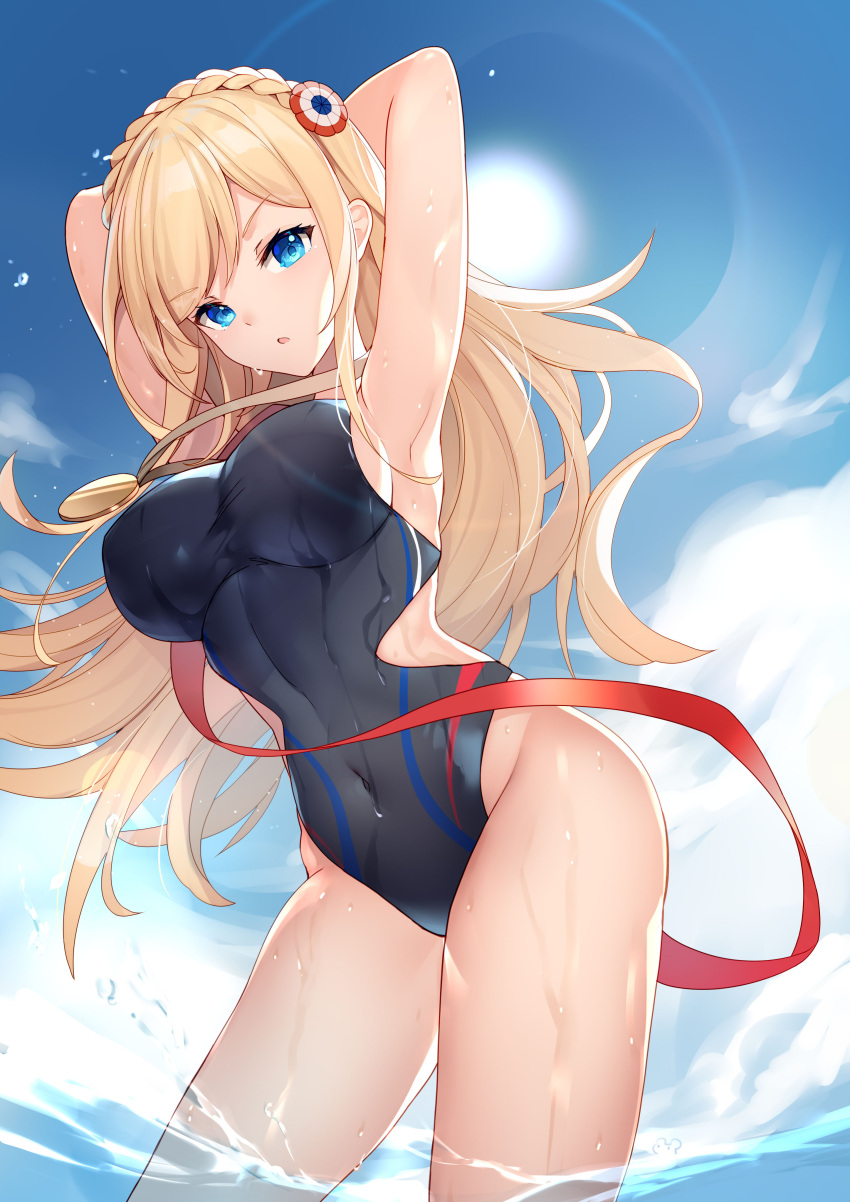 1girl :o absurdres armpits arms_up bare_hips bison_cangshu black_swimsuit blonde_hair blue_eyes blue_sky blush braid breasts clouds competition_swimsuit covered_navel crown_braid day highres impossible_clothes impossible_swimsuit large_breasts long_hair looking_at_viewer one-piece_swimsuit open_mouth outdoors richelieu_(warship_girls_r) sideboob sky solo sun sunlight swimsuit thighs v-shaped_eyebrows very_long_hair wading warship_girls_r water wet