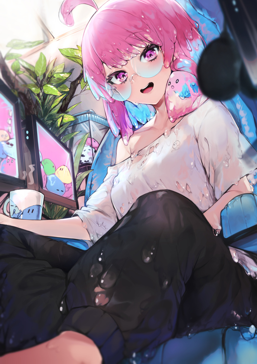 1girl :d absurdres ahoge bangs bird black_pants blue_hair blush breasts cup eyebrows_visible_through_hair feet_out_of_frame highres hiiragi_mikoto indoors medium_breasts melting monitor multicolored_hair off_shoulder open_mouth original pants pink_eyes pink_hair round_eyewear shirt sitting slime_(substance) smile solo t-shirt two-tone_hair upper_teeth white_shirt