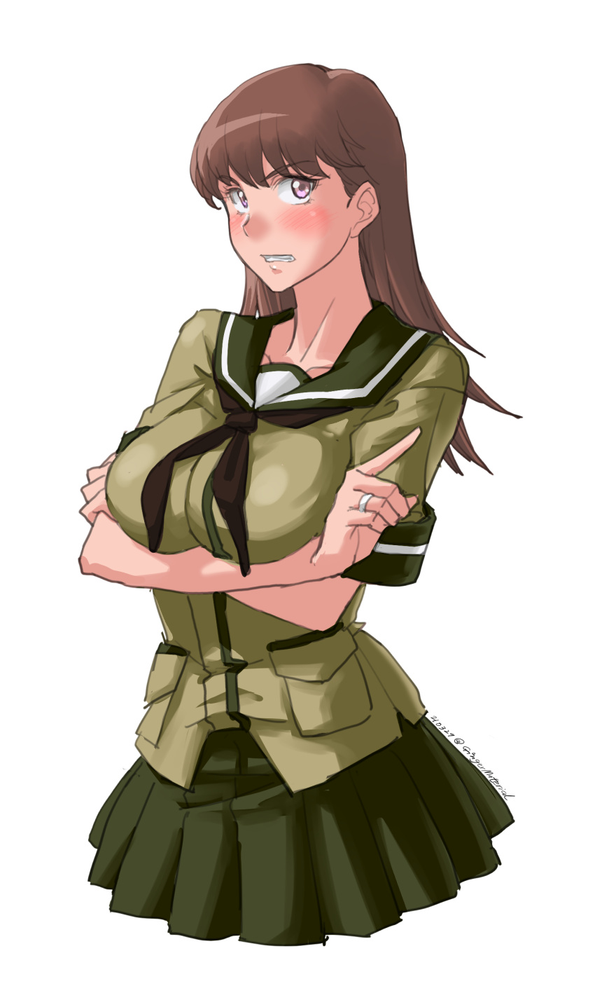 1girl absurdres black_neckwear brown_eyes brown_hair clenched_teeth cowboy_shot cropped_torso crossed_arms dated green_sailor_collar green_serafuku green_skirt highres kantai_collection long_hair looking_at_viewer neckerchief ooi_(kancolle) pleated_skirt sailor_collar simple_background skirt solo sozan teeth twitter_username white_background