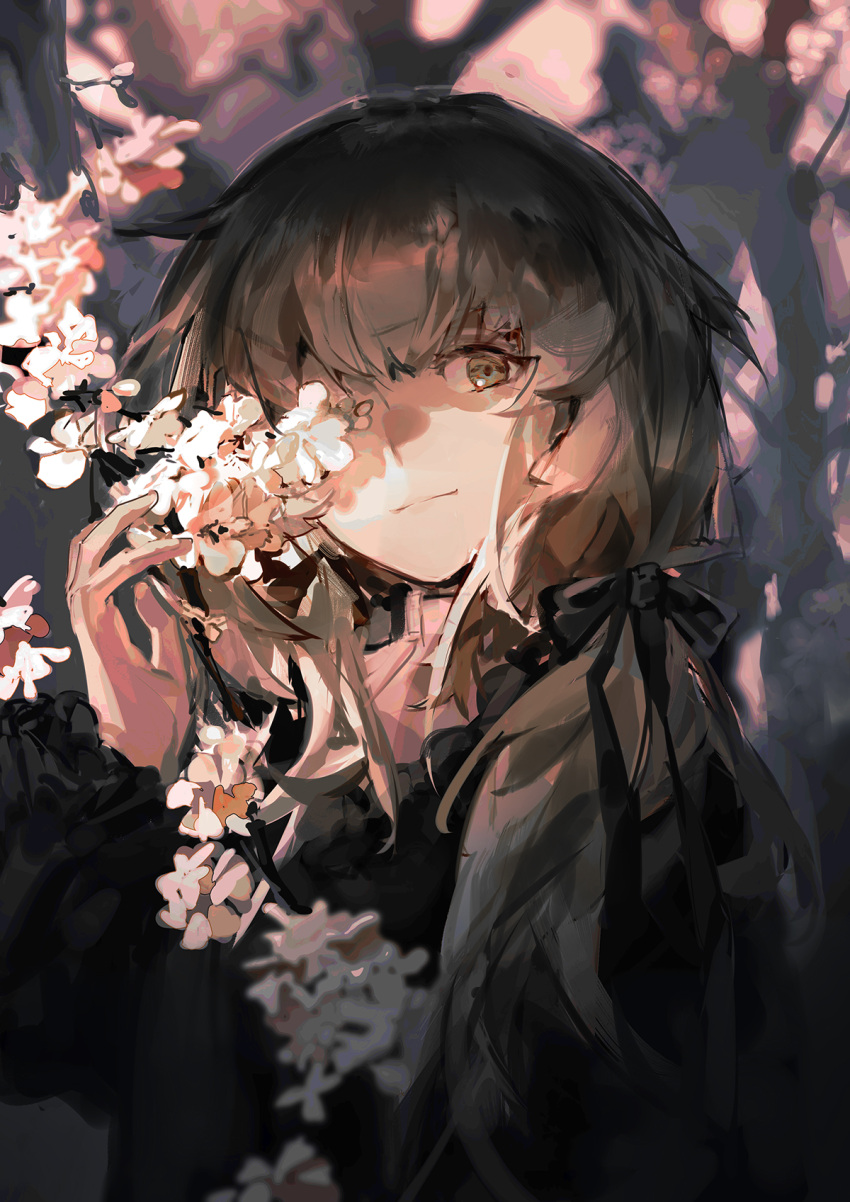 1girl bangs black_bow black_dress blurry blurry_background bow brown_eyes brown_hair cherry_blossoms closed_mouth covering_one_eye dress eyebrows_visible_through_hair flower hair_bow hand_up highres light_smile lobelia_(saclia) long_hair looking_at_viewer original outdoors pink_flower puffy_sleeves solo tree twilight upper_body