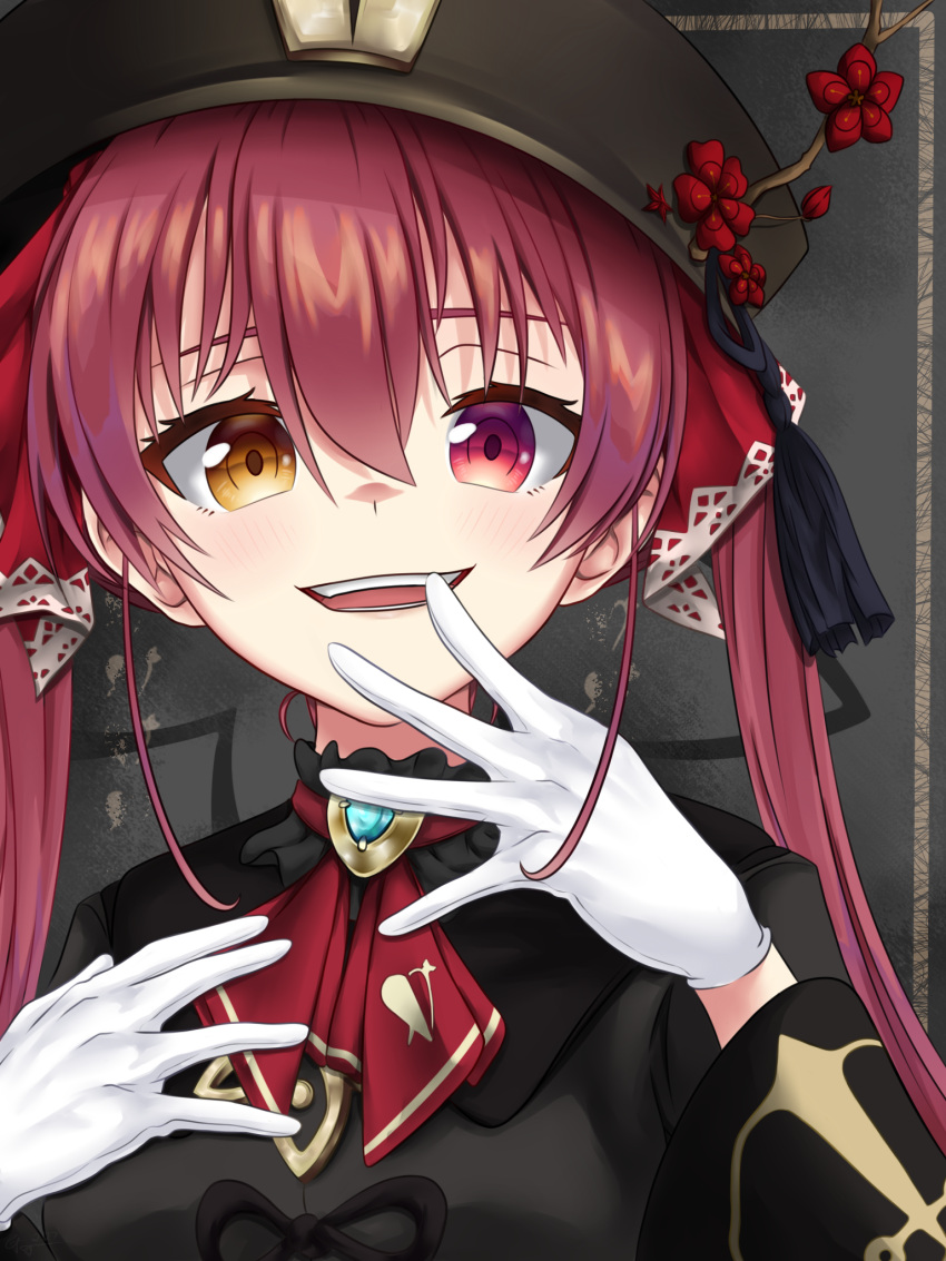 1girl ascot black_headwear choker cosplay crossover cs-18 english_commentary flower frilled_choker frills genshin_impact gloves hair_behind_ear hat hat_flower head_tilt heterochromia highres hololive houshou_marine hu_tao hu_tao_(cosplay) looking_at_viewer open_hands open_mouth red_eyes red_neckwear smile solo twintails virtual_youtuber white_gloves yellow_eyes