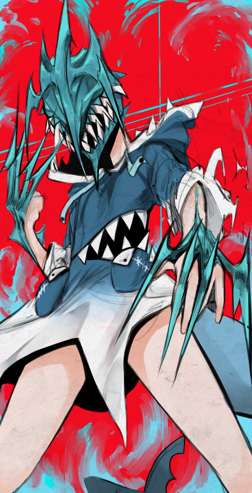 1girl absurdres animal_hood blue_hoodie chainsaw_man clenched_hand daiishori fish_tail gawr_gura highres hololive hololive_english hood hoodie looking_at_viewer looking_down monsterification open_hand parody red_background shark_hood shark_tail sharp_teeth solo tail teeth virtual_youtuber