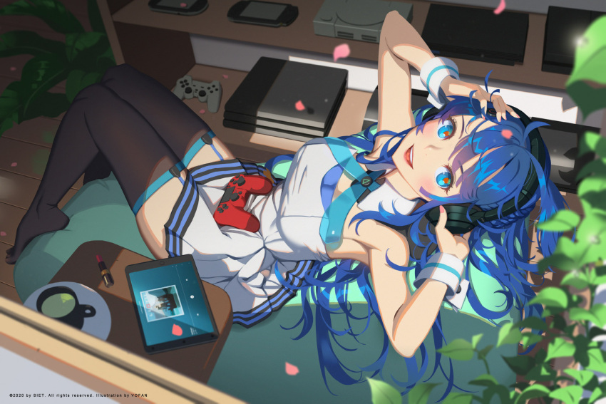 1girl adjusting_headphones ai-chan_(playstation) armpits bean_bag_chair black_legwear blue_eyes blue_hair blush breasts cherry_blossoms commentary_request cosmetics cup day detached_collar dress full_body game_console garter_straps handheld_game_console headphones highres indoors knees_together_feet_apart lips lipstick_tube long_hair looking_at_viewer medium_breasts nail_polish off-shoulder_dress off_shoulder open_mouth petals pink_nails plant playstation playstation_2 playstation_3 playstation_4 playstation_controller playstation_portable playstation_vita red_pupils shade short_dress sitting sleeveless smile solo sony sunlight tablet_pc thigh-highs thighs vofan white_dress wrist_cuffs