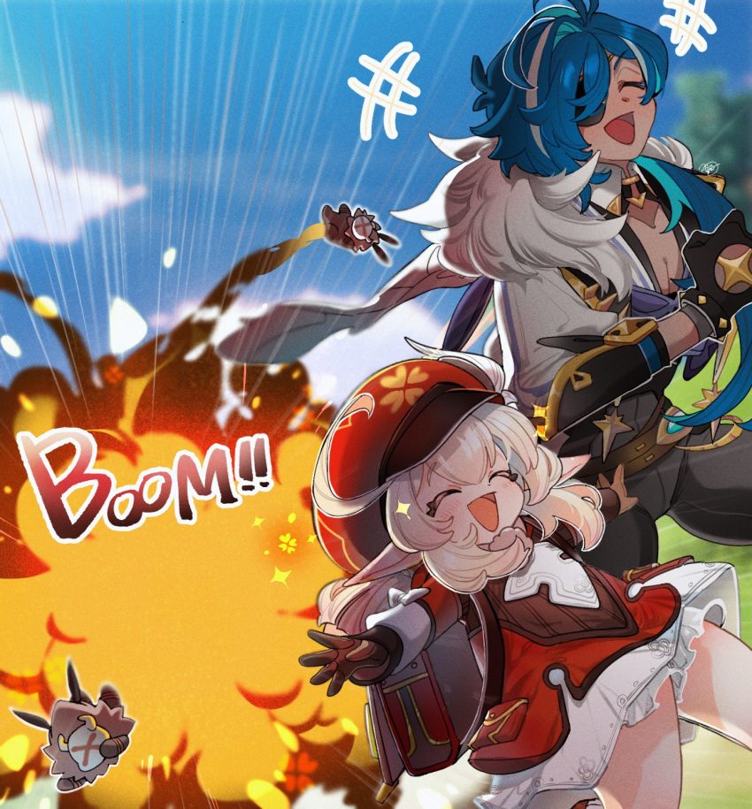 +++ 1boy 1girl 2others :d ahoge backpack bag black_gloves blonde_hair bloomers blue_hair blurry blurry_background brown_gloves cabbie_hat clenched_hand closed_eyes commentary dark_skin dark_skinned_male dress explosion eyepatch feather_boa genshin_impact gloves hair_over_one_eye hat highres hilichurl_(genshin_impact) kaeya_(genshin_impact) klee_(genshin_impact) kmjr laughing long_hair long_sleeves low_twintails male_cleavage multicolored_hair multiple_others one_eye_covered open_mouth outdoors outstretched_arms pocket pointy_ears pom_pom_(clothes) ponytail randoseru red_dress red_headwear smile sound_effects sparkle spread_arms streaked_hair symbol_commentary twintails underwear