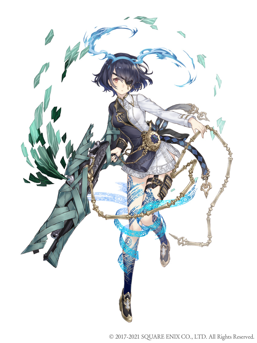 1girl absurdres alice_(sinoalice) asymmetrical_clothes chain dark_blue_hair eyebrows_visible_through_hair eyepatch full_body gold_trim gun hairband high_heels highres holding holding_gun holding_weapon ji_no looking_at_viewer official_art pocket_watch red_eyes rifle short_hair sinoalice solo square_enix tattoo thigh_strap watch weapon white_background