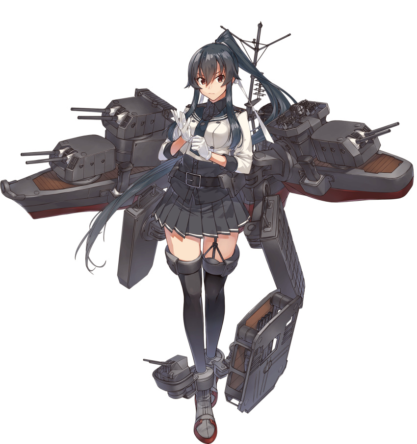 1girl absurdres belt black_belt black_hair black_legwear black_sailor_collar black_shirt black_skirt buttons closed_mouth collared_shirt cropped_jacket full_body gloves hair_between_eyes highres jacket kantai_collection konishi_(koconatu) long_hair long_sleeves machinery official_art pleated_skirt ponytail red_eyes remodel_(kantai_collection) rigging rudder_footwear sailor_collar shirt skirt solo thigh-highs transparent_background turret very_long_hair white_gloves white_jacket yahagi_(kancolle)