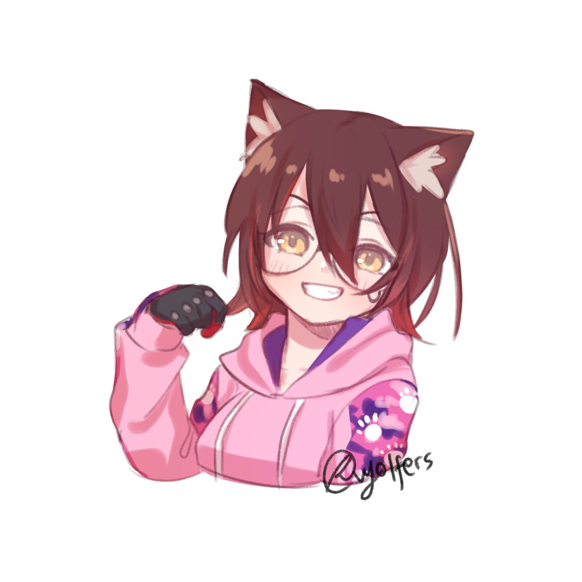 1girl android animal_ears artist_name breasts brown_eyes cat_ears collarbone eyebrows_visible_through_hair glasses head_tilt highres hololive hood hoodie kemonomimi_mode looking_at_viewer mechanical_hands medium_breasts paw_print pink_hoodie roboco-san smile solo upper_body virtual_youtuber vyolfers white_background