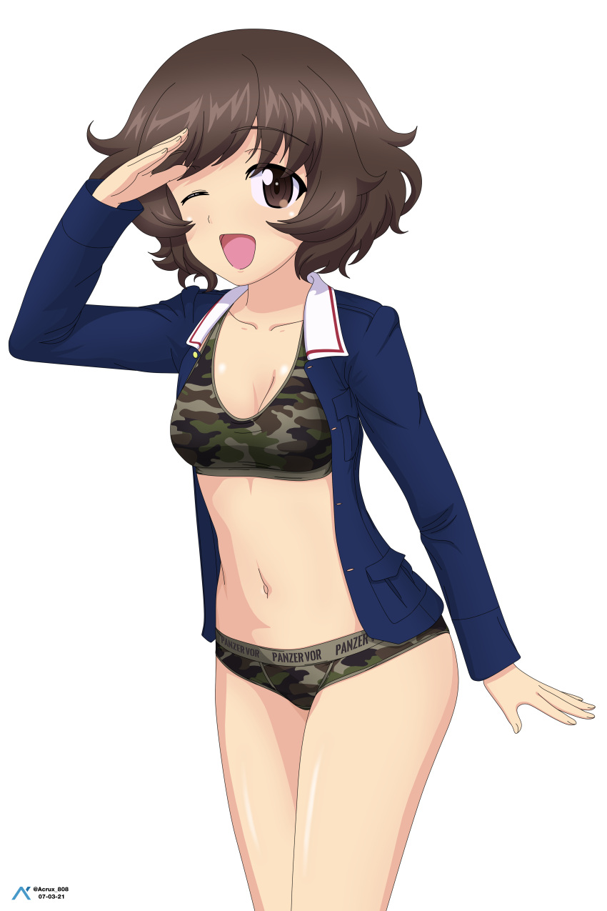 1girl ;d absurdres acrux akiyama_yukari blue_jacket bra camouflage camouflage_bra camouflage_panties commentary dated eyebrows_visible_through_hair girls_und_panzer highres jacket long_sleeves looking_at_viewer medium_hair navel no_pants one_eye_closed ooarai_military_uniform open_clothes open_jacket open_mouth panties salute simple_background smile solo standing twitter_username underwear white_background