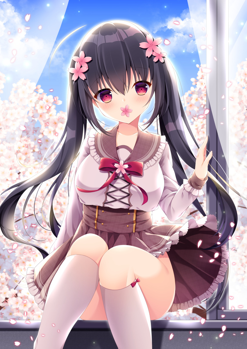 1girl absurdres black_hair bow bowtie breasts brown_skirt cherry_blossoms frilled_skirt frills high-waist_skirt highres kneehighs large_breasts long_hair long_sleeves miniskirt original pleated_skirt red_eyes red_neckwear shirt sitting skirt solo spring_(season) twintails very_long_hair white_legwear white_shirt yukimura_usagi