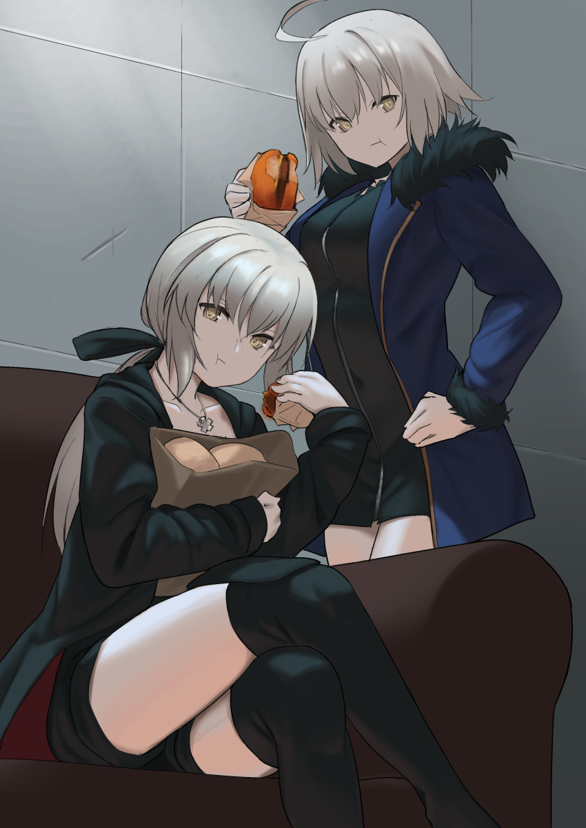 2girls absurdres ahoge alternate_costume artoria_pendragon_(all) bag black_dress black_jacket black_ribbon black_shorts blue_coat breasts casual closed_mouth coat collarbone commentary couch crossed_legs dress eating fate/grand_order fate_(series) food food_in_mouth fur-trimmed_coat fur_trim grey_hair hair_between_eyes hair_ribbon hamburger hand_on_hip highres holding holding_food indoors jacket jeanne_d'arc_(alter)_(fate) jeanne_d'arc_(fate)_(all) jet_black_king_of_knights_ver._shinjuku_1999 jewelry large_breasts long_hair long_sleeves looking_at_viewer multiple_girls necklace no_nose object_hug official_alternate_costume paper_bag ponytail ribbon s.w saber_alter short_dress short_hair short_shorts shorts sitting thigh-highs wicked_dragon_witch_ver._shinjuku_1999 yellow_eyes